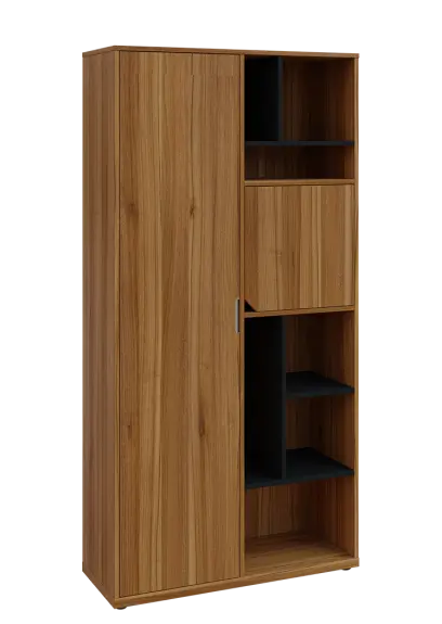 KSR6-83 L skříň šatní, 1x výsuvné ramínko, dvířka, niky, 2053x1022x400 mm, provedení levé, korpus a dvířka ořech světlý/police černá